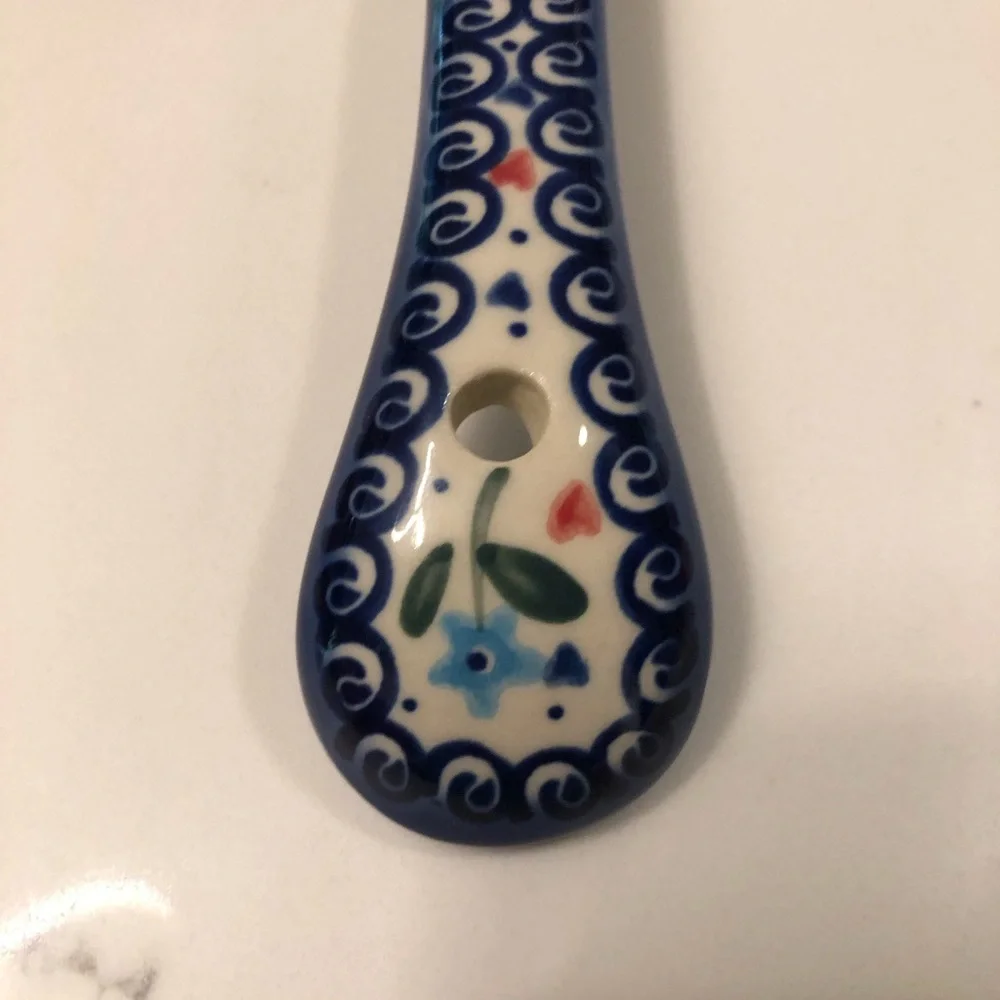 NWT Vena Polish Pottery Hand-Painted Blue Rose Floral Butterfly Ceramic Ladle